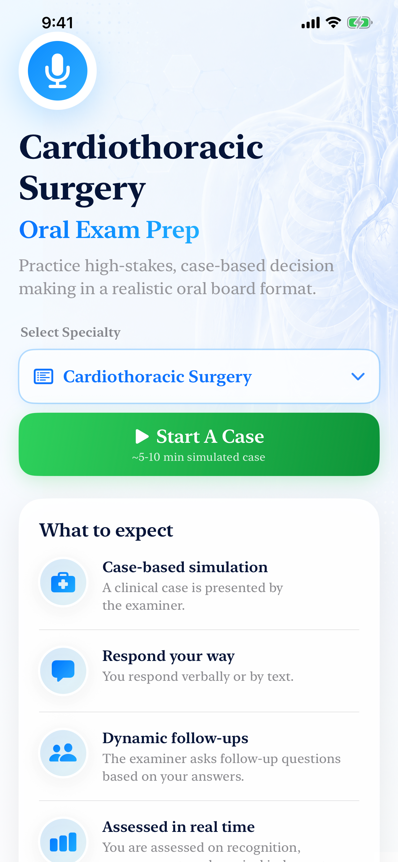 Oral Boards AI specialty selection screen